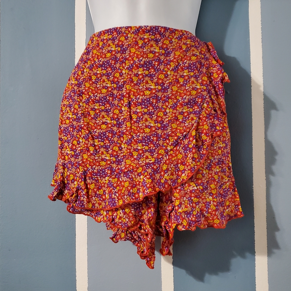 Patrons of Peace Asymmetrical Floral Wrap Skort in Purple and Orange